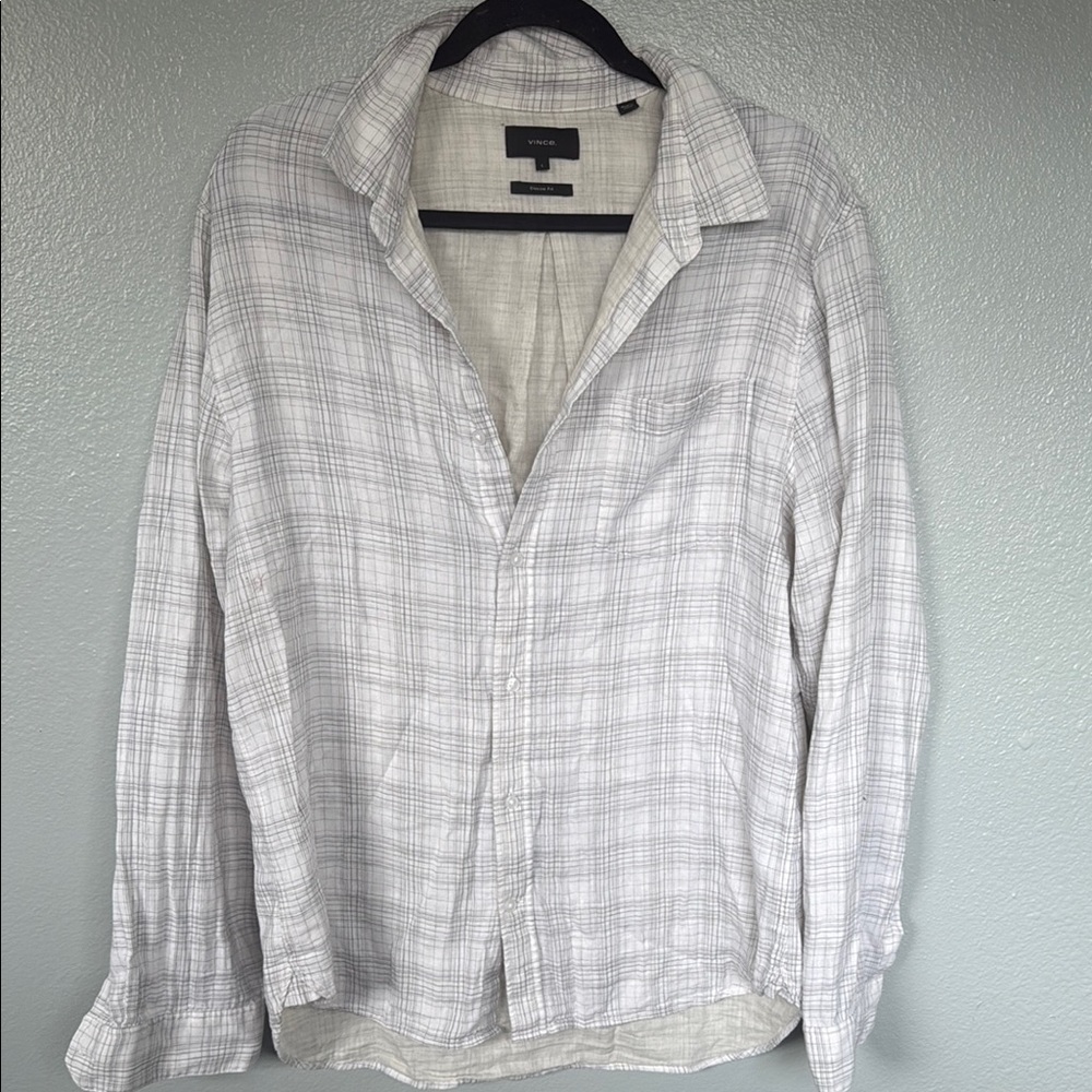 VINCE 100% cotton large Gray Plaid Button-Up Shirt